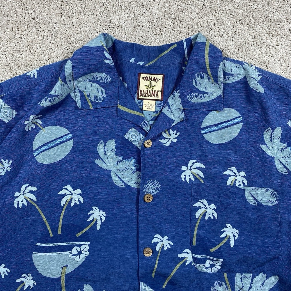 Tommy Bahama Mens‎ Large Blue 100% Silk Tropical Palm Tree Cocktail Camp Shirt